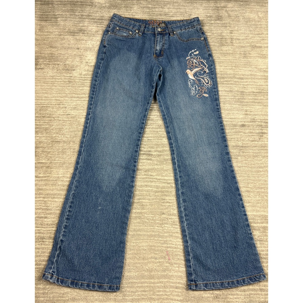 Gazoz Jeans Denim Women 5/6 Blue Bird Floral Embroidered Mid Rise Bootcut Flare